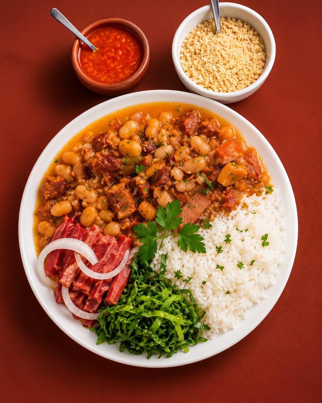 Prato servido visto de cima: feijão com carnes, arroz branco, couve, carne fatiada com cebola, e taças de farofa e de molho ao lado